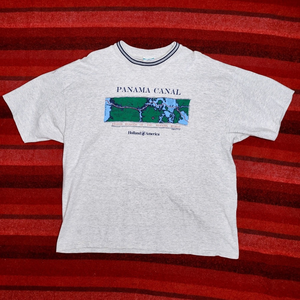 Vintage Panama Canal Shirt XXL Oversized Ringer Tee Map Single Stitch USA 90s